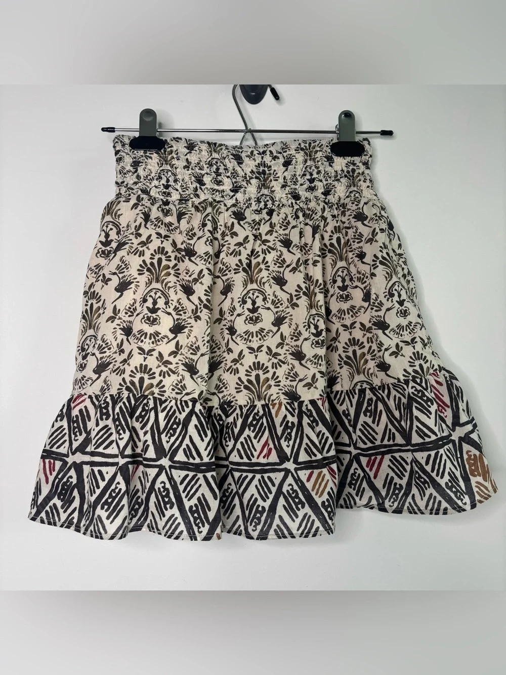 Free People XS Mini Skirt Bohemian Festival Ruffle Cotton Smocked